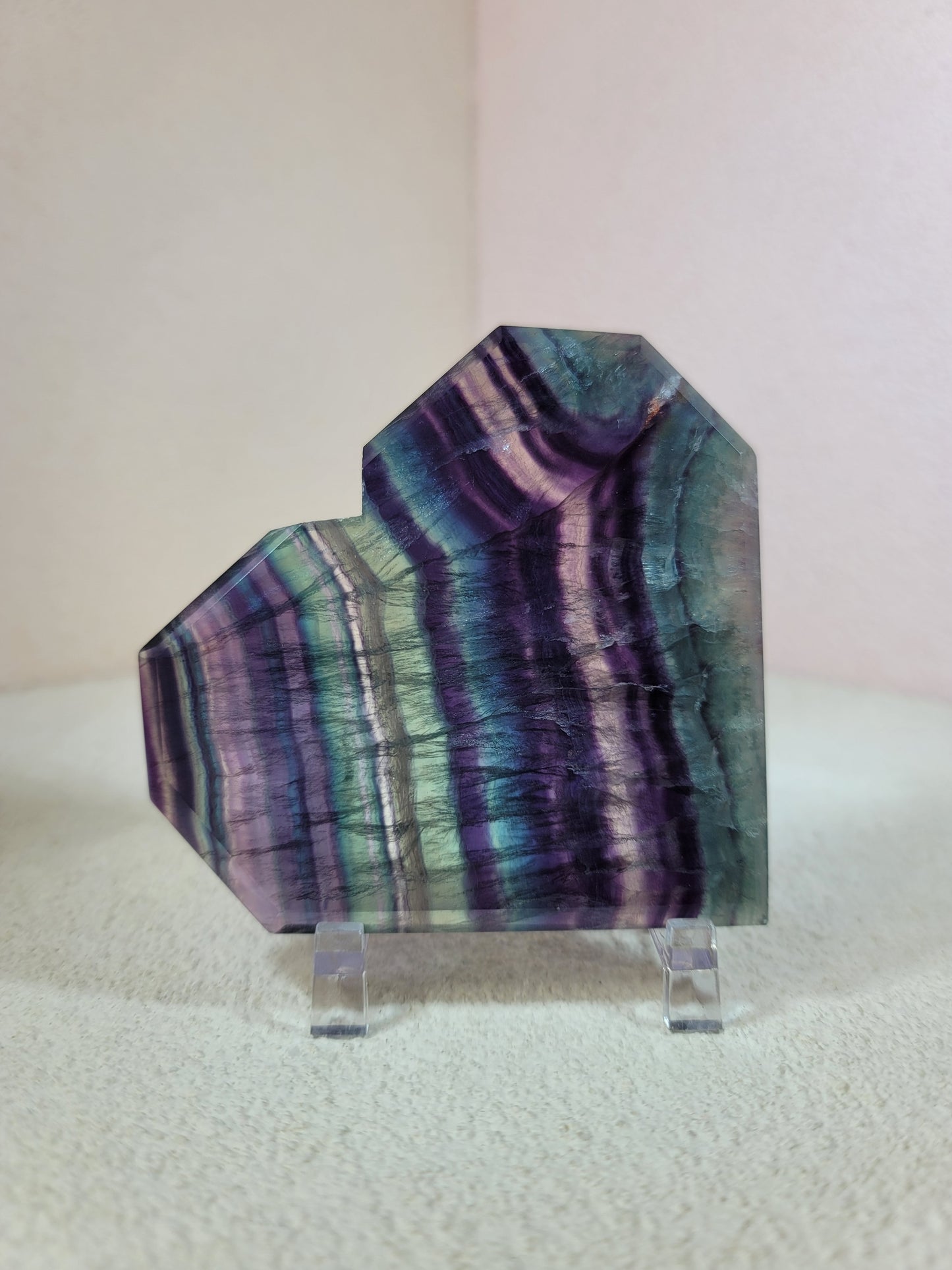 (H) High Quality Rainbow Candy Fluorite Faceted Heart w/FREE Stand
