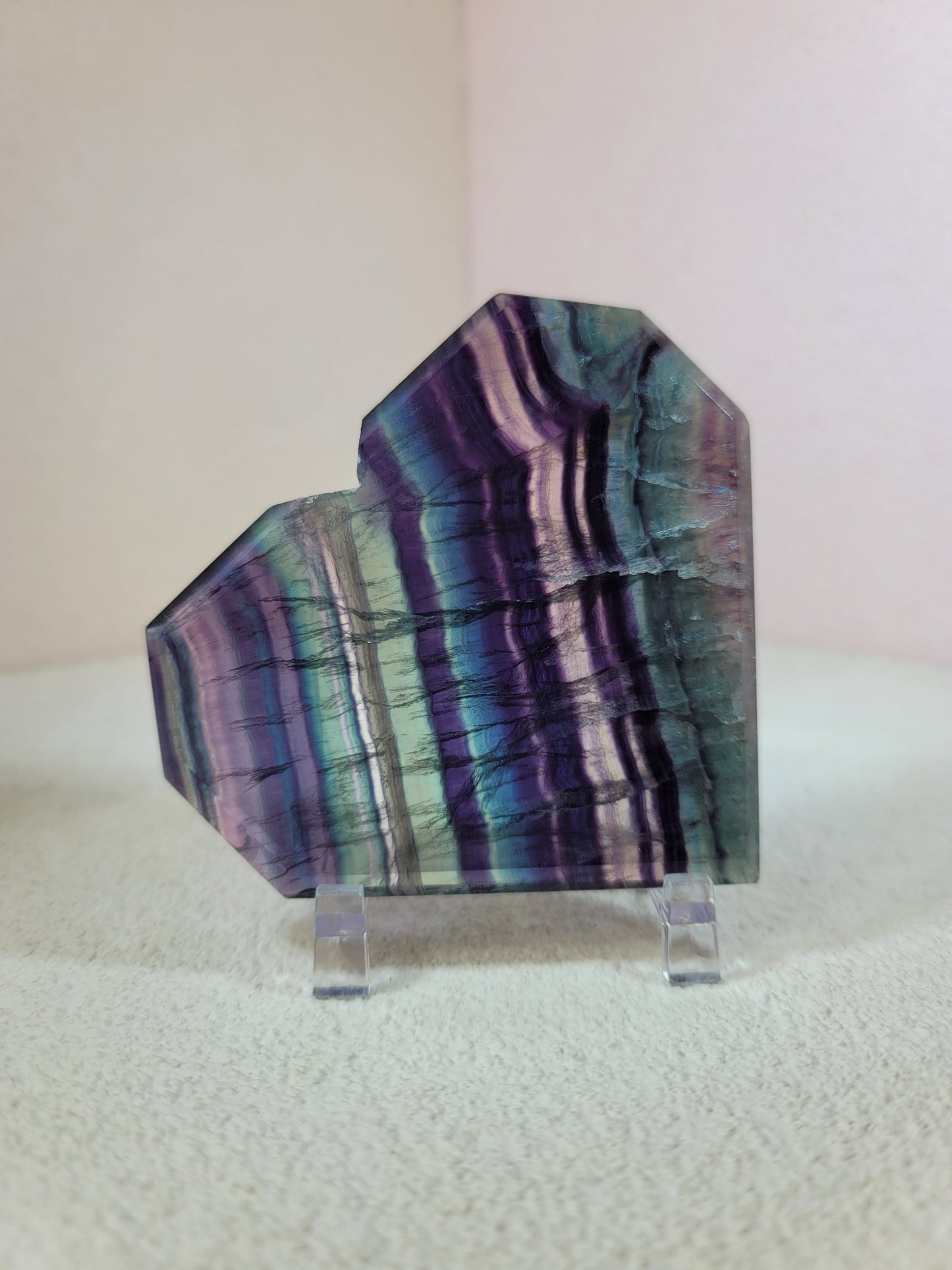 (G) High Quality Rainbow Candy Fluorite Faceted Heart w/FREE Stand