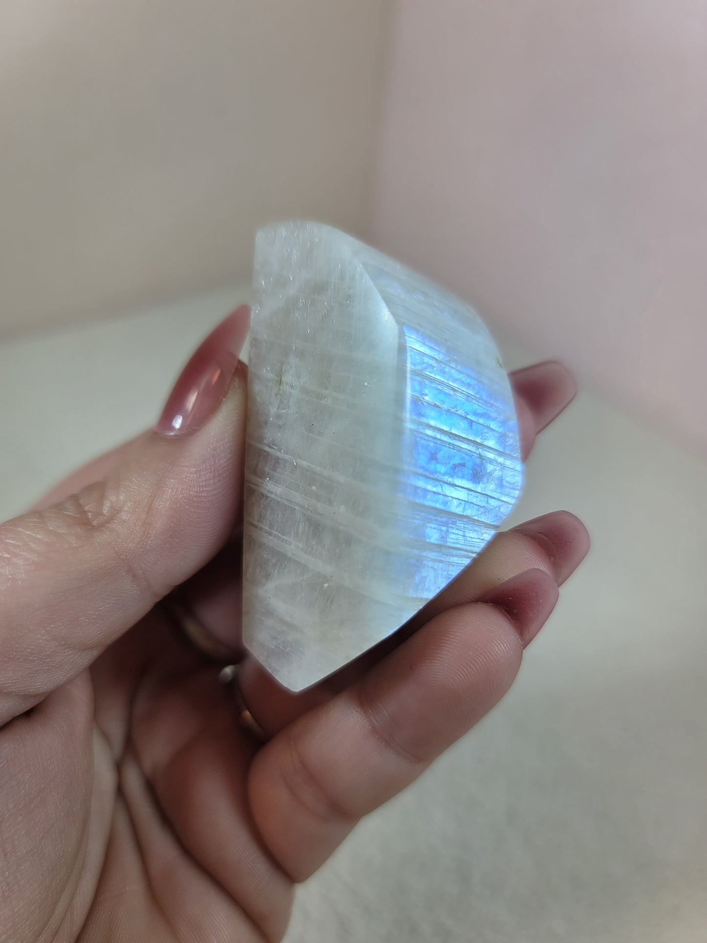 (E) White Rainbow Moonstone Faceted Freeform w/Blue Flash