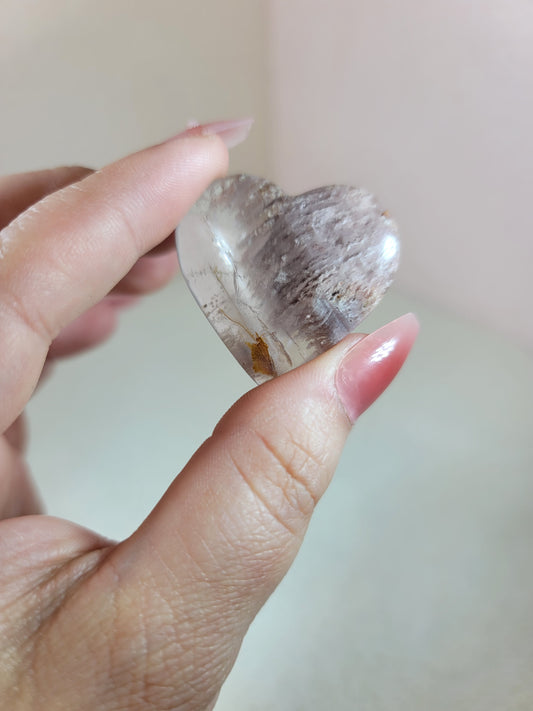 (B) High Quality Pastel Pink and Purple Thousand Layer Lodolite Garden Quartz Pocket Heart