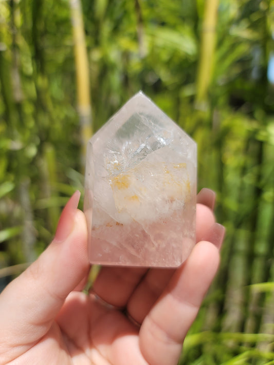 (C) High Quality Rose Quartz Girasol Golden Healer Iron Included Tower from Brazil