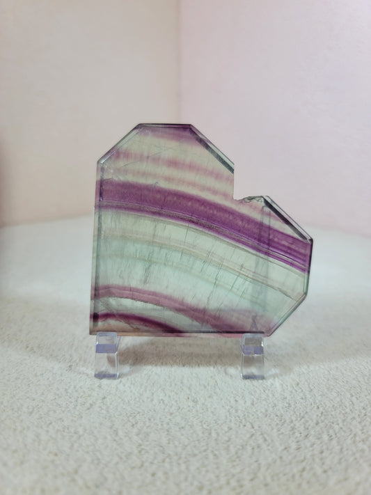 (F) High Quality Rainbow Candy Fluorite Faceted Heart w/FREE Stand
