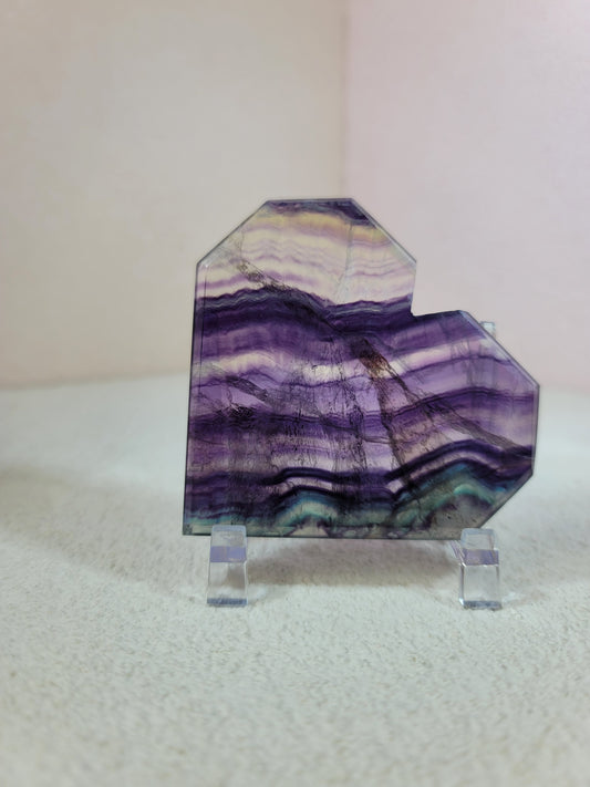 (C) High Quality Rainbow Candy Fluorite Faceted Heart w/FREE Stand