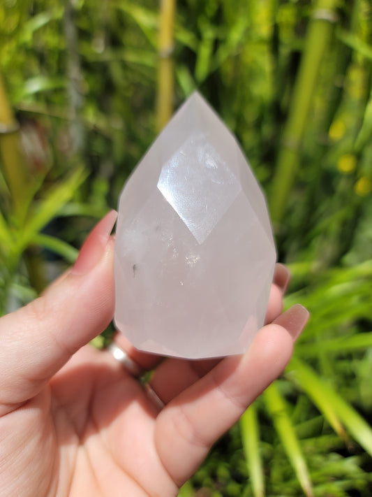 (B) Jelly Rose Quartz Faceted Flame from Brazil