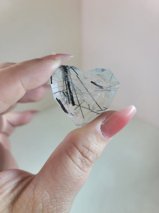 (D) High Quality Tourmalinated Tourmaline Included Quartz Faceted Heart