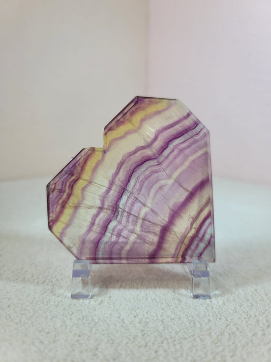 (E) High Quality Rainbow Candy Fluorite Faceted Heart w/FREE Stand