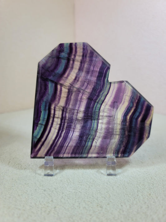 ( I ) High Quality Rainbow Candy Fluorite Faceted Heart w/FREE Stand