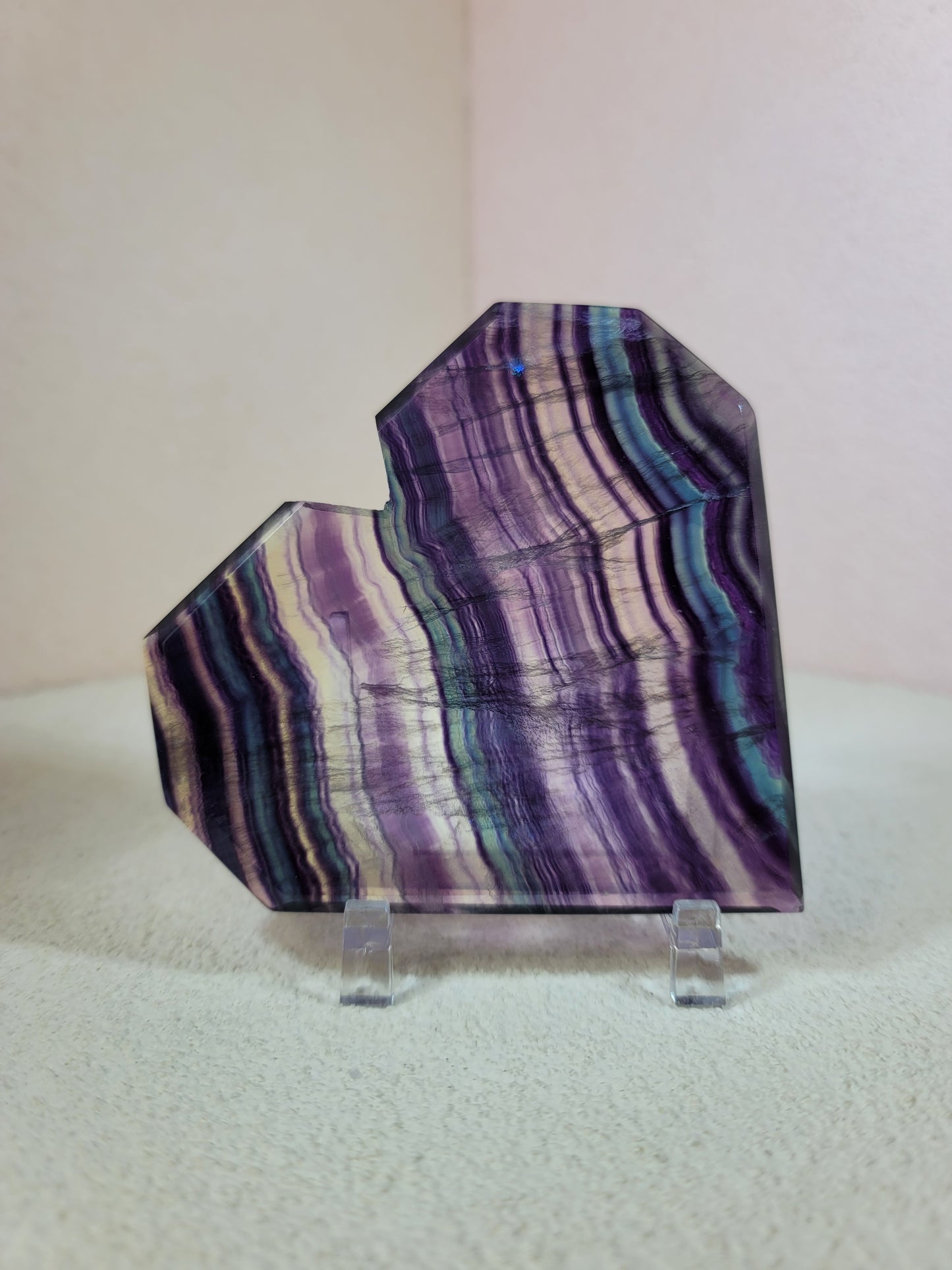 ( I ) High Quality Rainbow Candy Fluorite Faceted Heart w/FREE Stand
