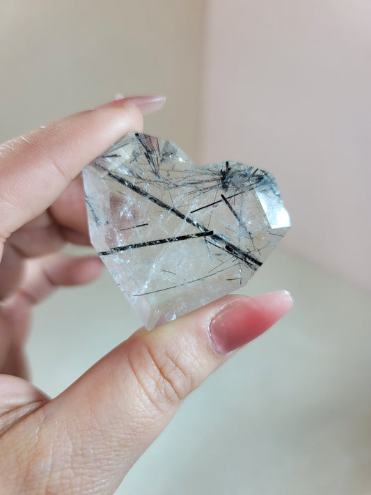 (B) High Quality Tourmalinated Tourmaline Included Quartz Faceted Heart