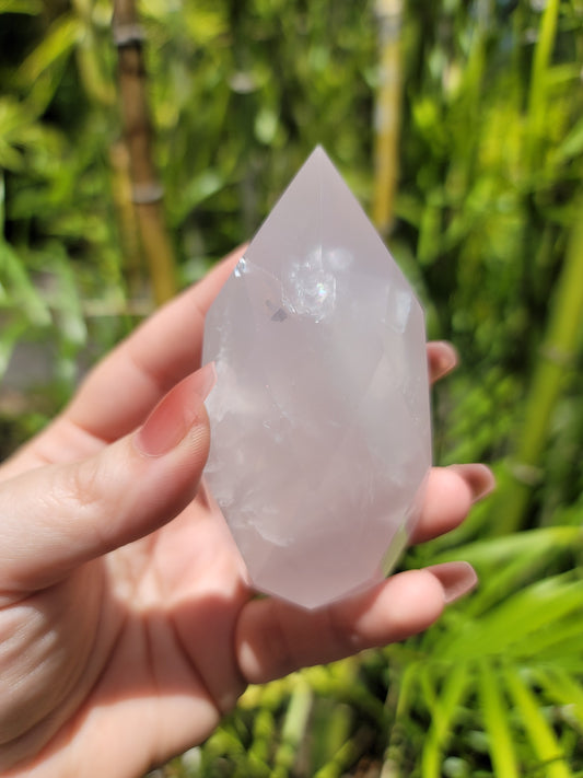 (A) Jelly Rose Quartz Faceted Flame from Brazil