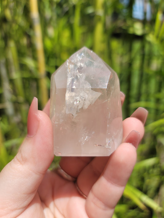 (B) High Quality Rose Quartz Girasol Golden Healer Iron Included Tower from Brazil