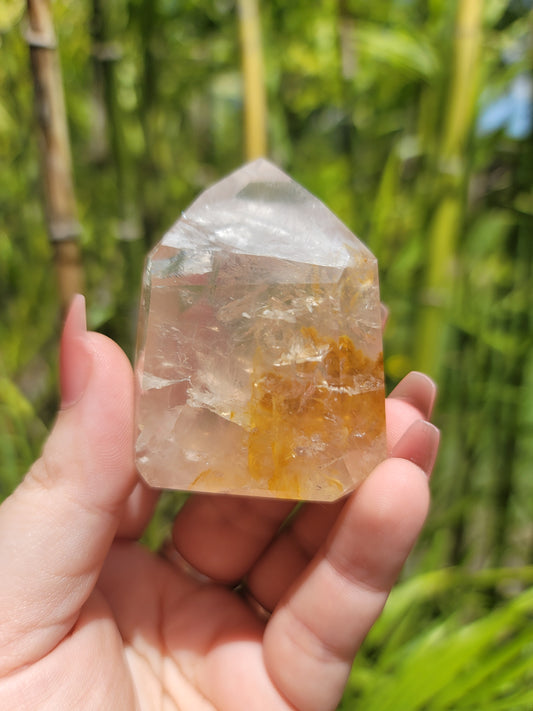 (D) High Quality Rose Quartz Girasol Golden Healer Iron Included Tower from Brazil