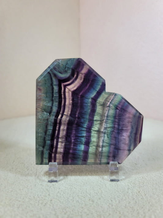 (H) High Quality Rainbow Candy Fluorite Faceted Heart w/FREE Stand
